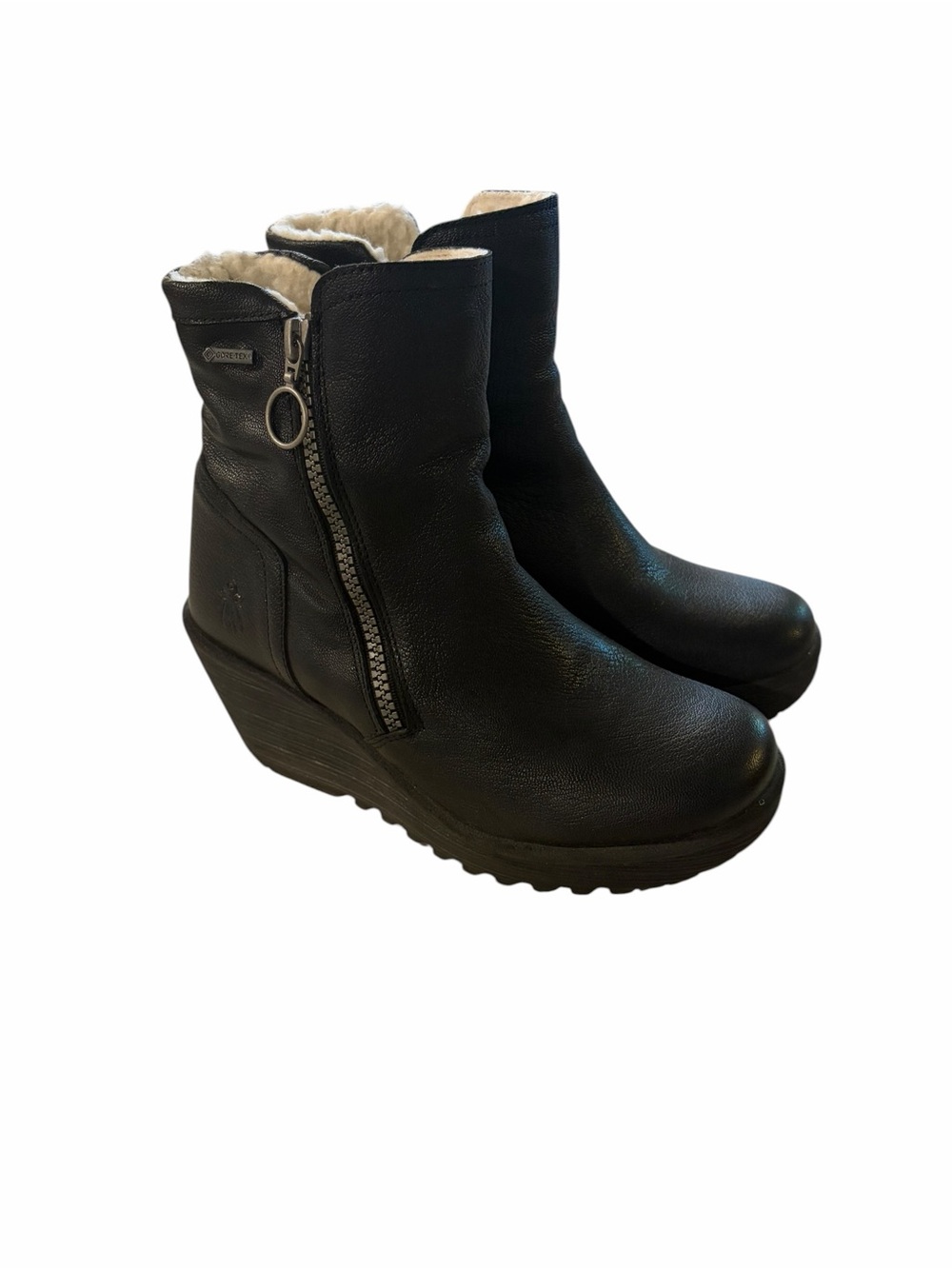 Fly London Yolkfly Black Leather Wedge Ankle Boots with Fur Trim Lining 37
